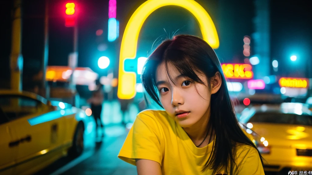 An 18 year old Korean female teenager, her skin is very white and clean, wearing a yellow shirt, biting her lip seductively, and is in the year 2330 in a cyberpunk setting with glowing neon lights. The lens used is 35mm f/2.8.