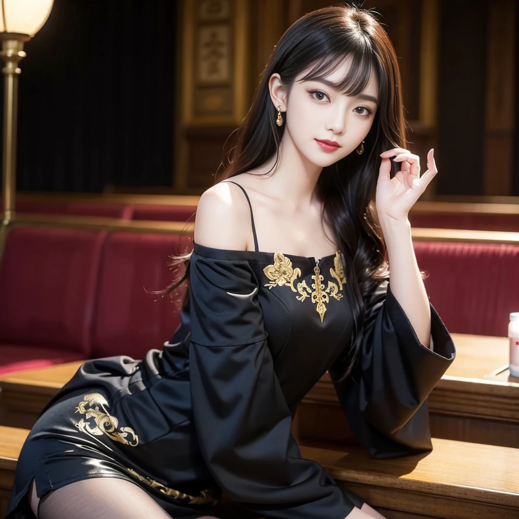 tra-detailed、Japanese、attractive beauty、seductive adult woman、pretty woman、piercing eyes、cool girl、wavy hair、swept bangs、Long Black and Gold Cheongsam、wide sleeves、Evil cadres、evil depravity、brainwash、mind control、lipstick、lip gloss、dark makeup、smirk、whisper in your ear、Evil expression、evil、hollow eyes,half-closed eyes、empty eyes、evil、church at night、vampire、succubus、vampire、Swear allegiance、sexy pose、Off-shoulder,Crop topping,Showing thighs