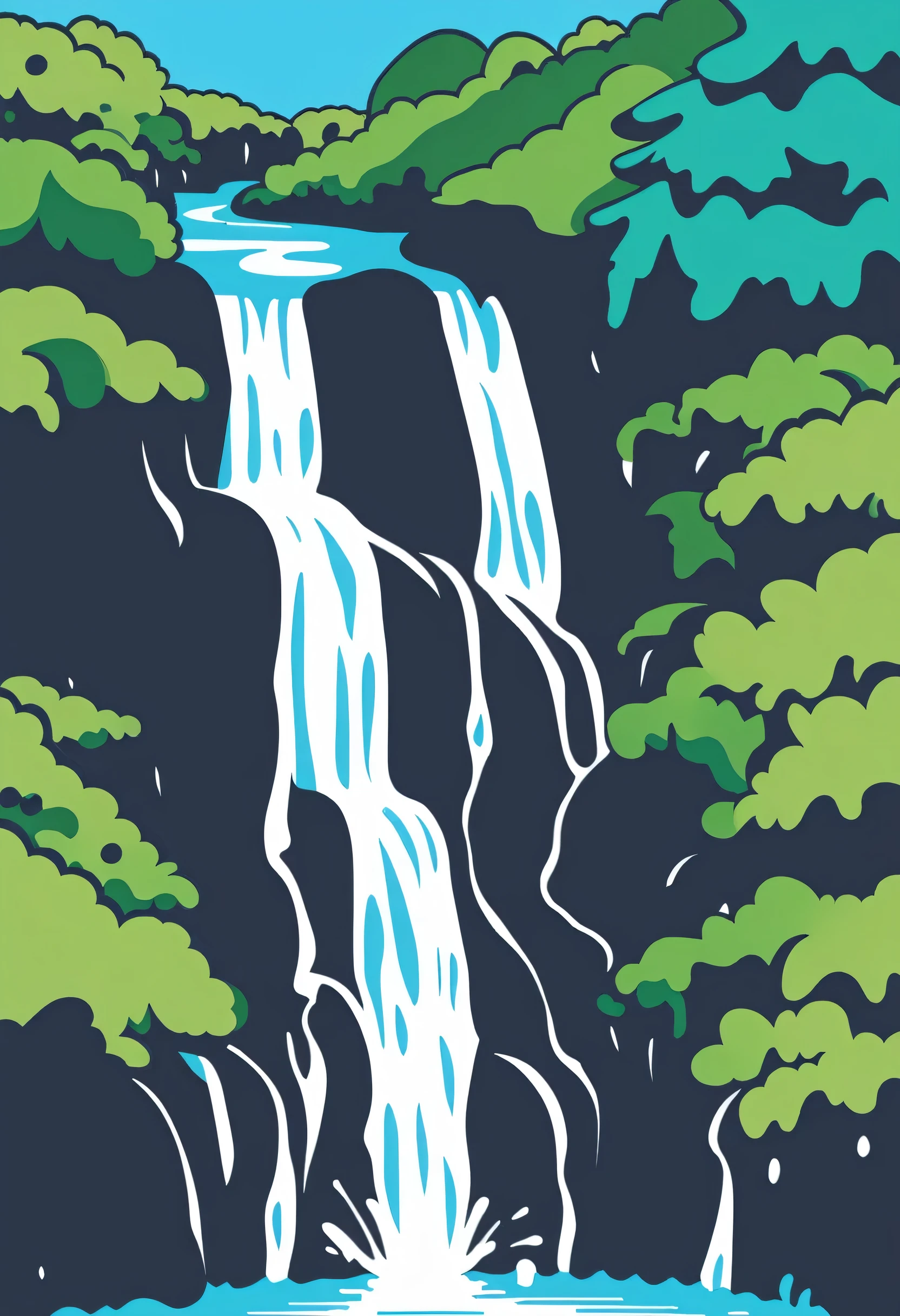 /Imagine Prompt: Waterfall illustration for banner on white background, bold outline style, irregular, Trashcore, light shading