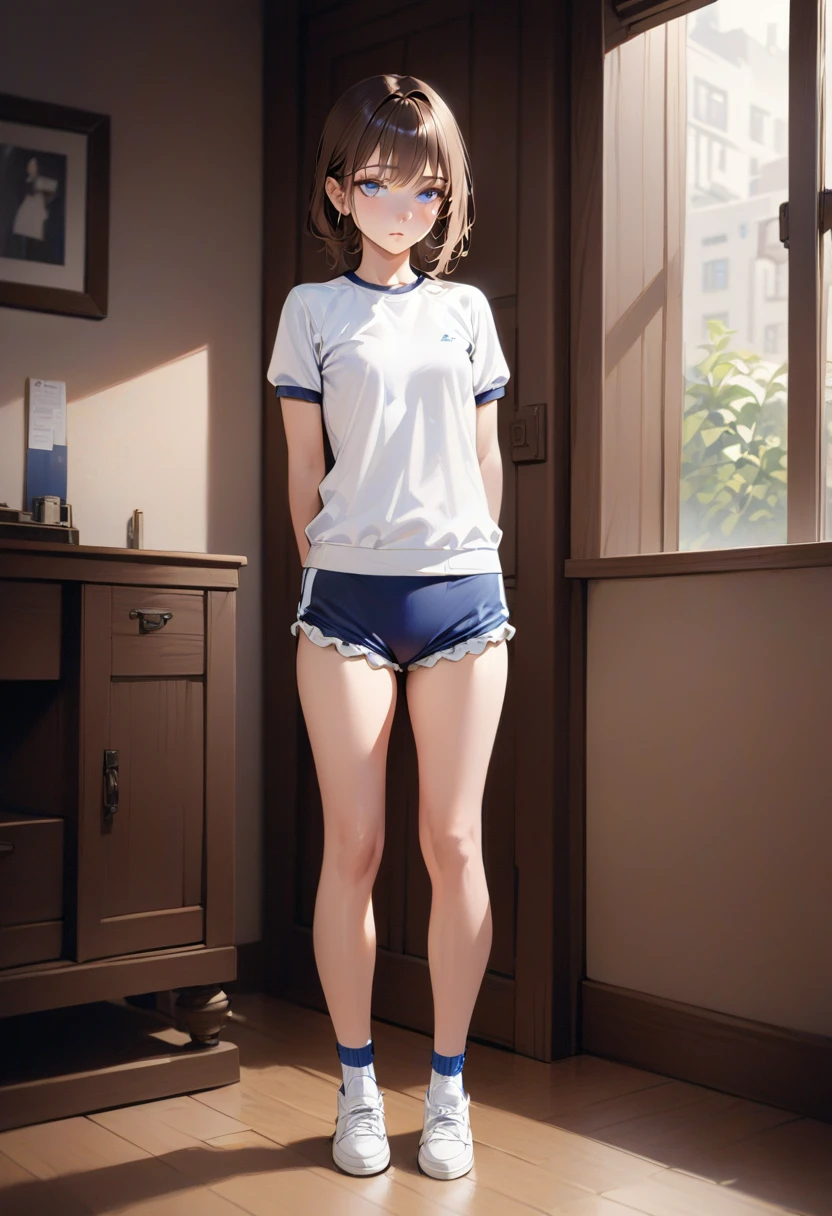 masterpiece, high quality, Small breasts, One Girl, Are standing, stop temporarily, stop temporarily,  Gym suit, shorts, Bloomers,  whole body, shirt,blue eyes, Realistic