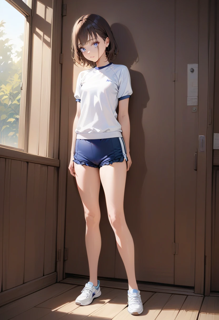 masterpiece, high quality, Small breasts, One Girl, Are standing, stop temporarily, stop temporarily,  Gym suit, shorts, Bloomers,  whole body, shirt,blue eyes, Realistic