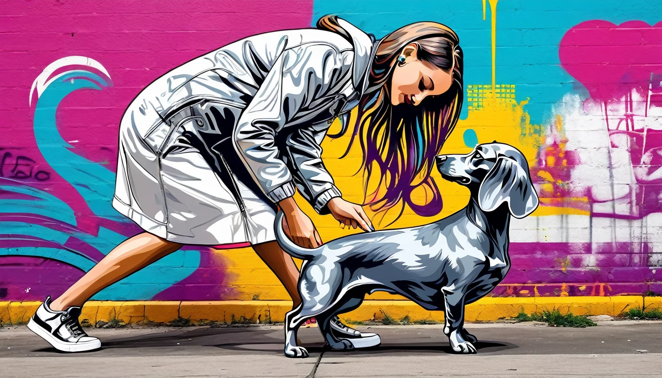 Stylish graffiti style, a beautiful woman in light clothing playing with a silver dapple miniature dachshund, passion color