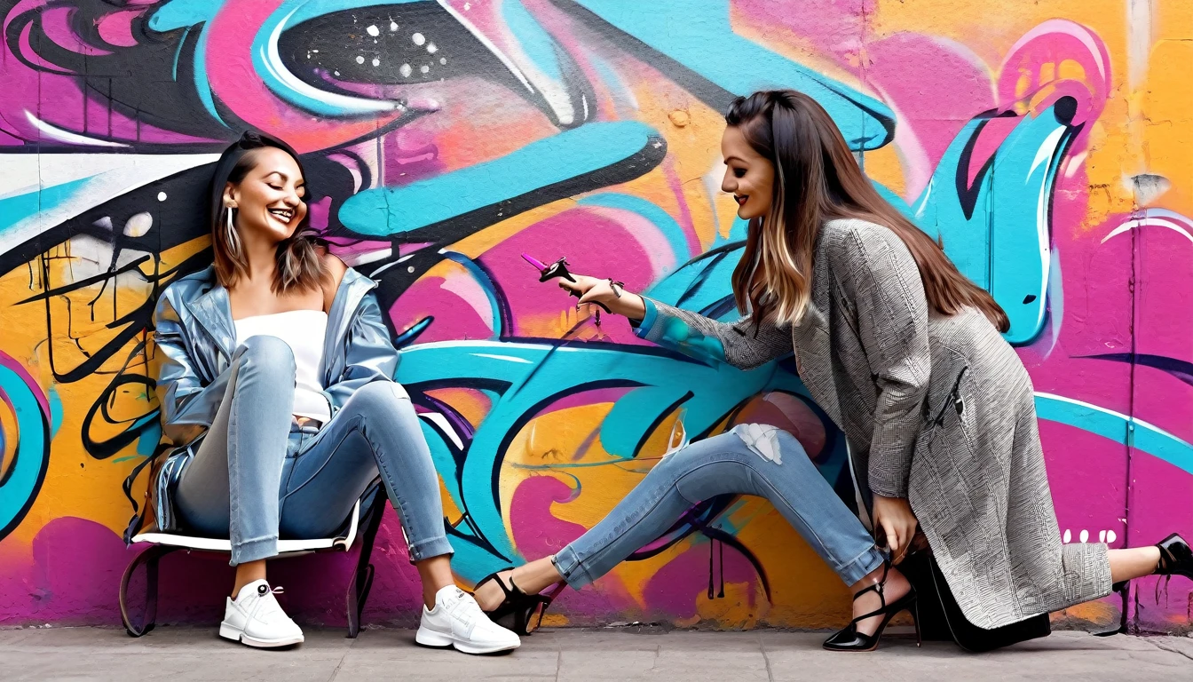 Stylish graffiti style, a beautiful woman in light clothing playing with a silver dapple miniature dachshund, passion color