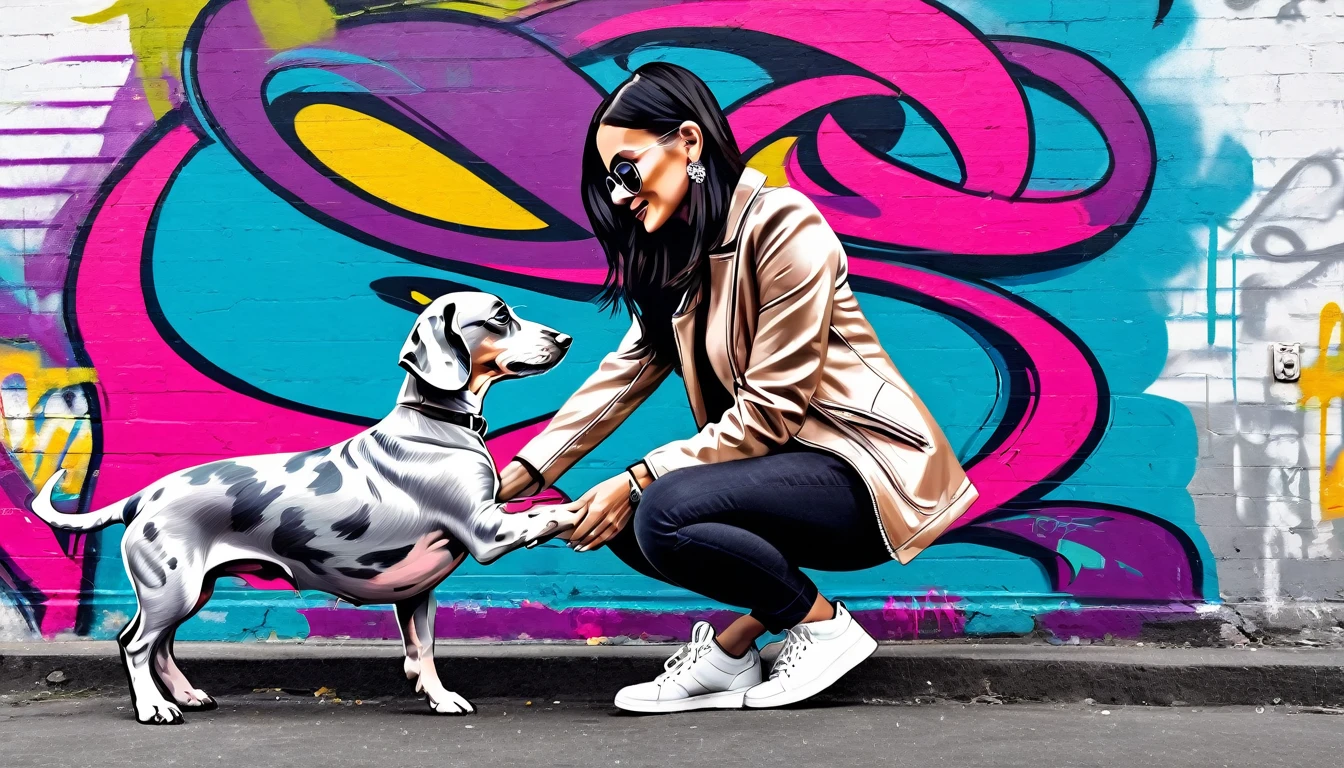 Stylish graffiti style, a beautiful woman in light clothing playing with a silver dapple miniature dachshund, passion color