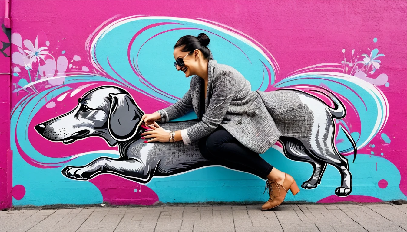 Stylish graffiti style, a beautiful woman in light clothing playing with a silver dapple miniature dachshund, passion color