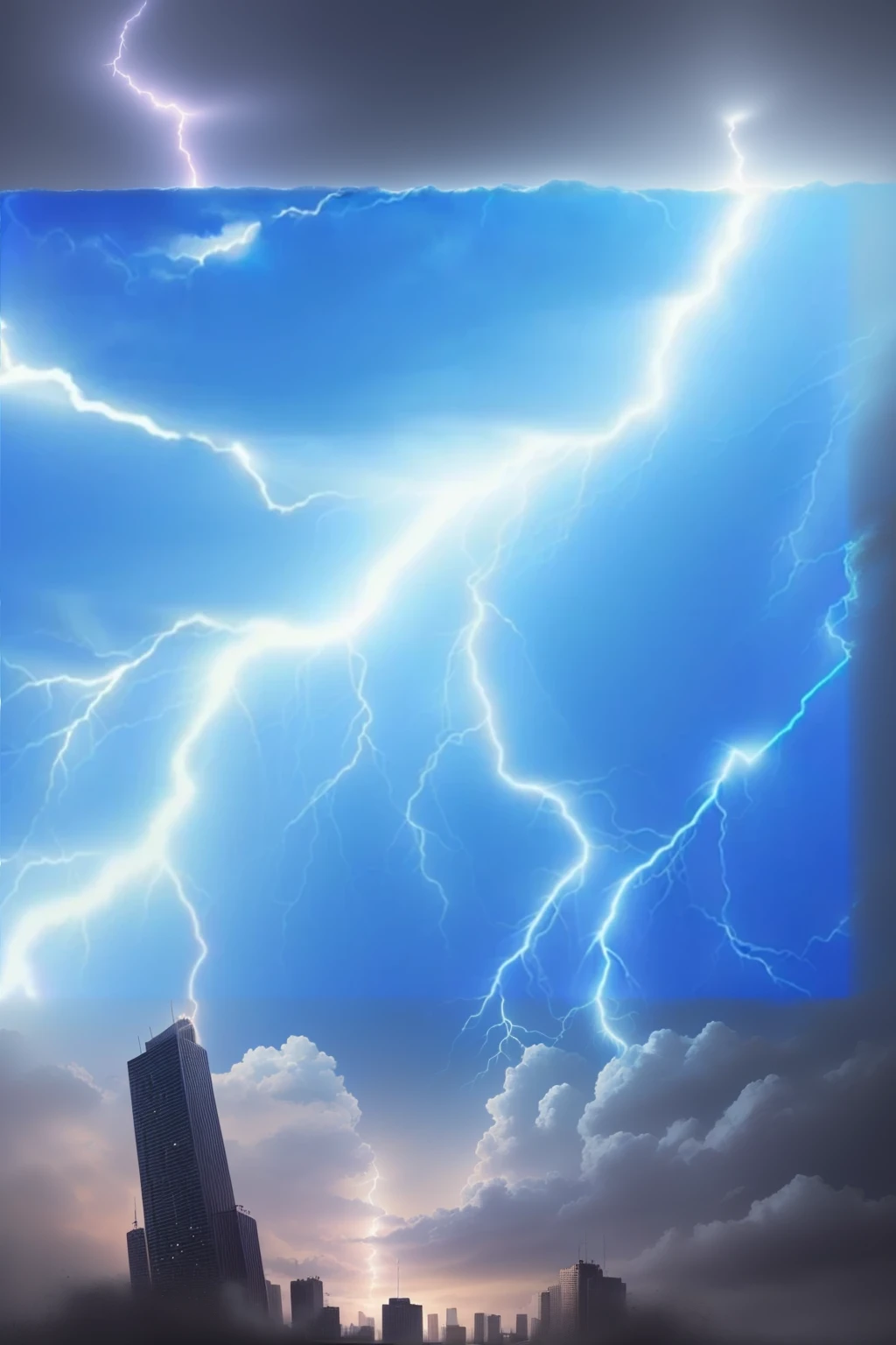 a lightning bolt is seen in the sky above a city, volumetric lightning, lightning background, upper volumetric lightning, crackling blue lightning, realistic lightning, lightning effects, blue lightnings, hyper-detailed. studio lightning, blue lightning, volumetric lightening, dramatic volumetric lightning, epic lightning, detailed lighting and thunder, dynamic lightning, with lightning bolts