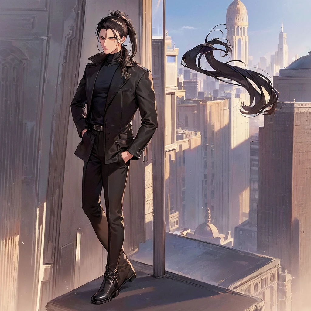 (detailed), (((normal guy))), (arab features), ((brown sheepskin jacket)), ((pelo con rulos negro ponytail hairstyle)), (calm face), ((ponytail hairstyle)), ((tall black boots)), (((whole body))), ((on top of a building)), ((male)),hands in pockets, (black turtleneck sweater), ((only one person))