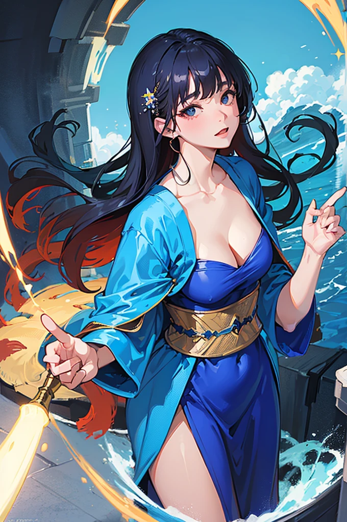 (((highest quality))),masterpiece,1 woman,((the perfect person)),((Super beautiful woman)),detailed perfect face,chubby asian mom with blue robes, long black hair, and a magic wand