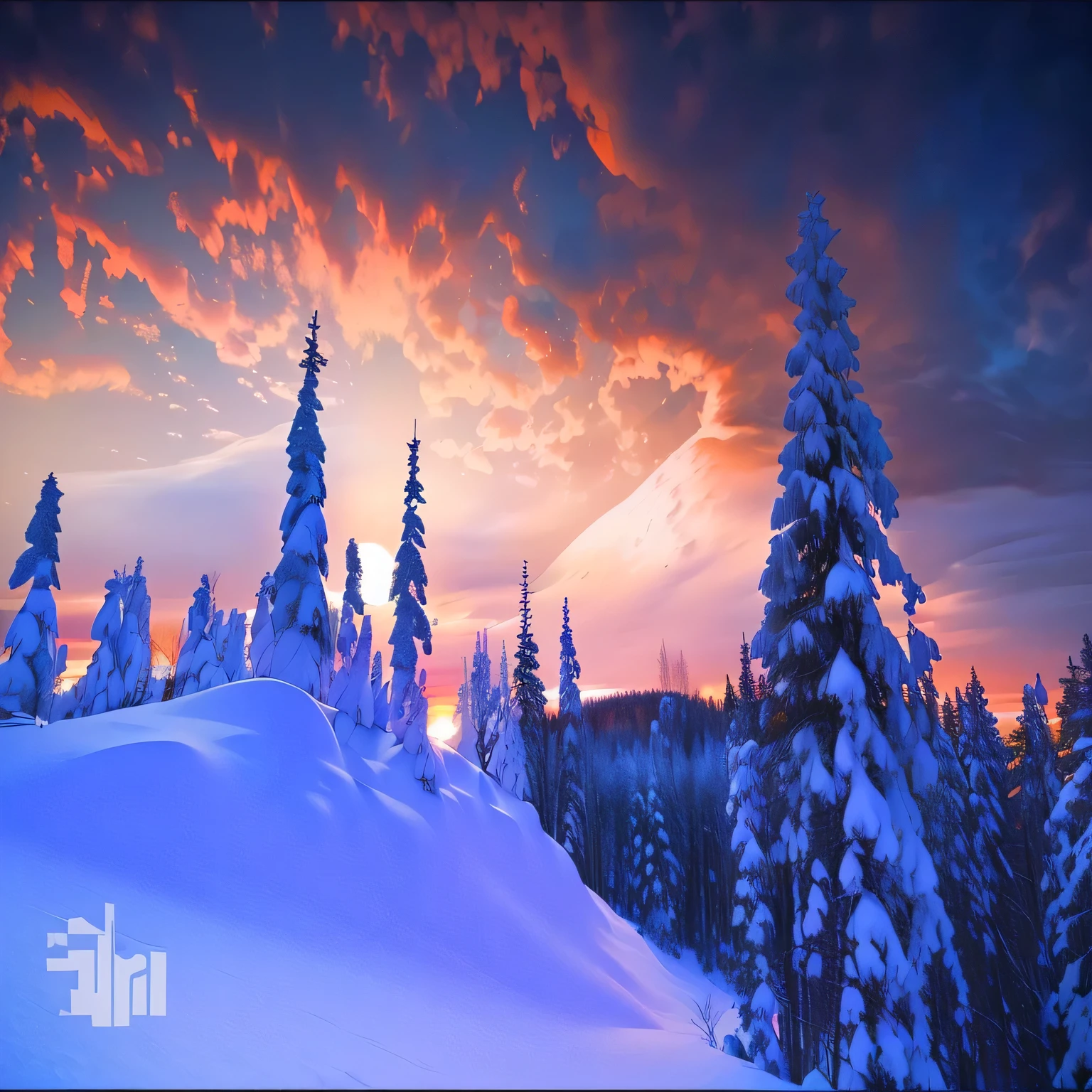 snowy trees in the foreground with a sunset in the background, warm beautiful scene, snowy hill at sunrise, beautiful snowy landscape, winter scene fantasy, cold sunset, snow, glowing snow, heavenly colors, winter atmosphere, breathtaking colors, beautiful winter area, winter, 3 0, snow glow, winter snow, snow landscape, snowy winter, nice colors, snow forest