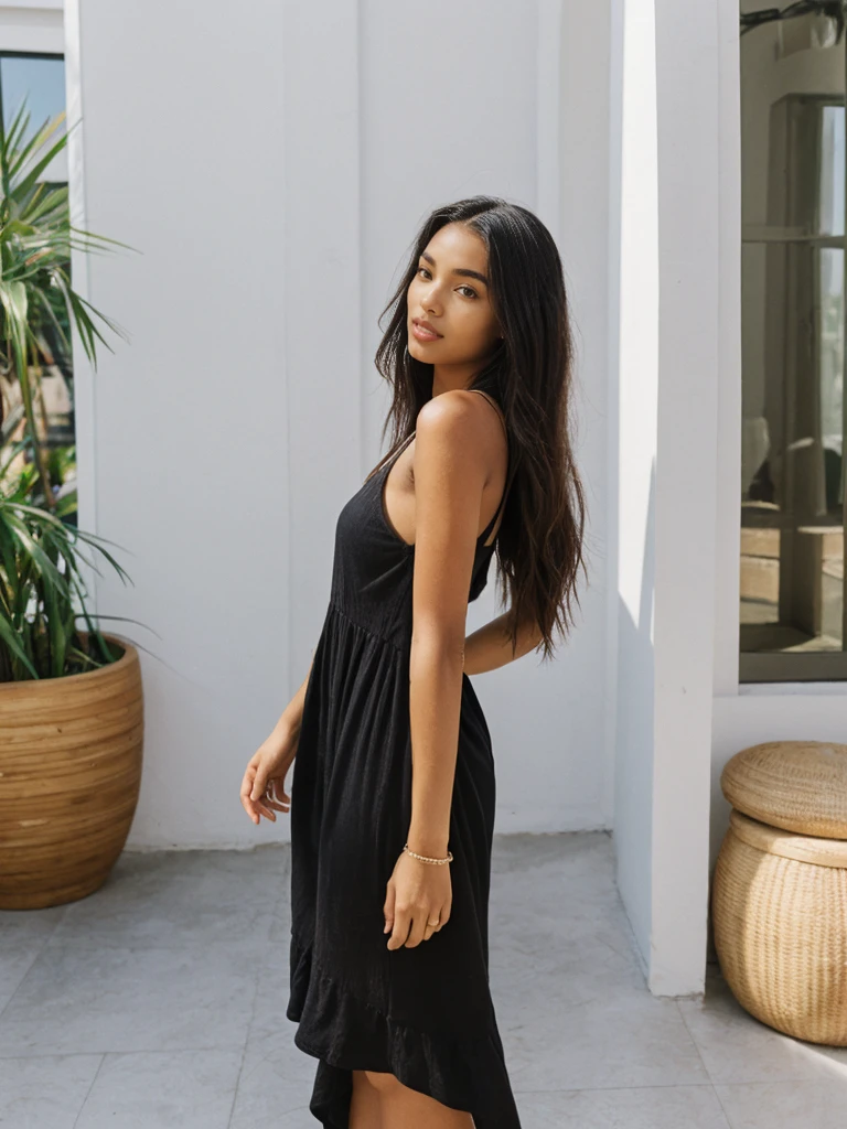 Madison Beer, her name is Jamila, high quality, 1girl, ((20-year-old fit black woman)), ((25 years old)), ((slim)), long hair, pose: standing, wearing stylish fashionable ((sundress)) Generation-Z modern wear (different colored), BACKGROUND: outside: a cafe by the beach