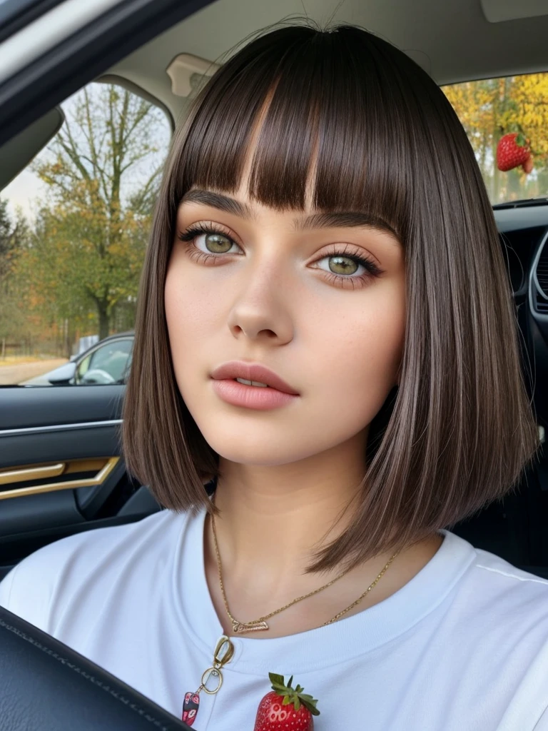 Beautiful ****************, named Sofia, beautiful golden eyes, large detailed eyes, MID-HEIGHT bob long haircut, mermeland lips, sexy, detailed face, university jacket, in the background a strawberry, car, parking 