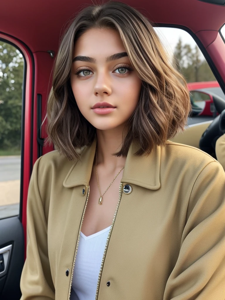 Beautiful 16-year-old girl, named Sofia, beautiful golden eyes, large detailed eyes, MID-HEIGHT bob long haircut, mermeland lips, sexy, detailed face, university jacket, in the background a strawberry, car, parking