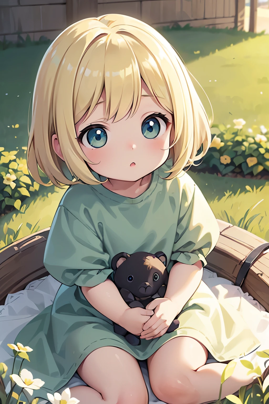 (high-quality, breathtaking),(expressive eyes, perfect face) portrait, Symmetrical Eyes, 1girl, female , solo, 3 , blonde hair, green coloured eyes, short hair, short hair length, baby face on a blanket, backyard background, stuffed toy, beautiful grass, garden, detailed eyes
