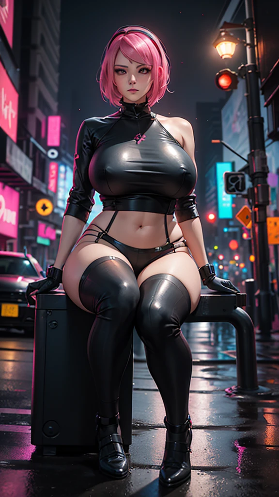 A woman with pink hair and a black shirt sits on a city street，Traffic lights in the background, Art sprouts, Anime Art, cyberpunk art, Photorealism, 1 girl, Bangs, women , Skyscraper, Solitary, _top，（（Huge breasts）），Grooves reveal original skin, Color RGB