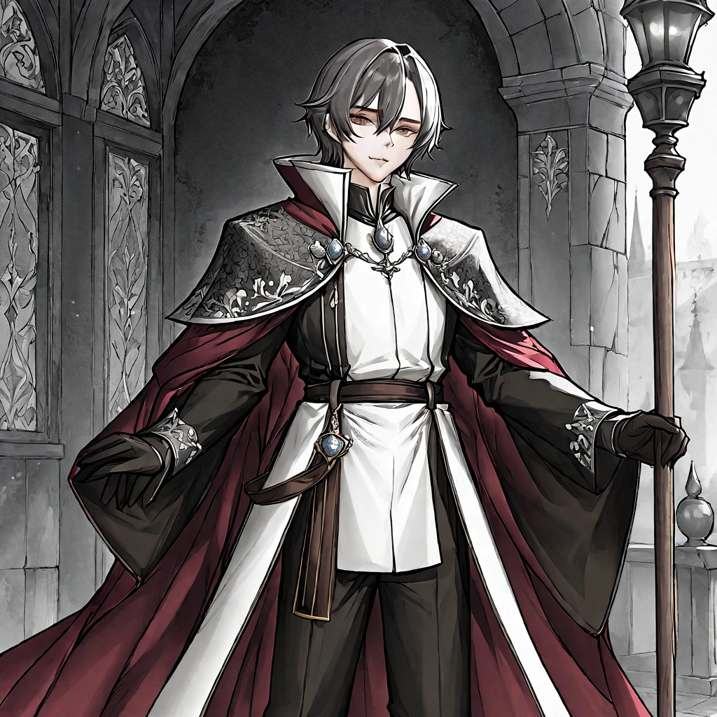 A noble earl，Gorgeous clothes，Cane，Medieval European fantasy style，Line drawing style。Black and White、yellowish、Dark red main color。