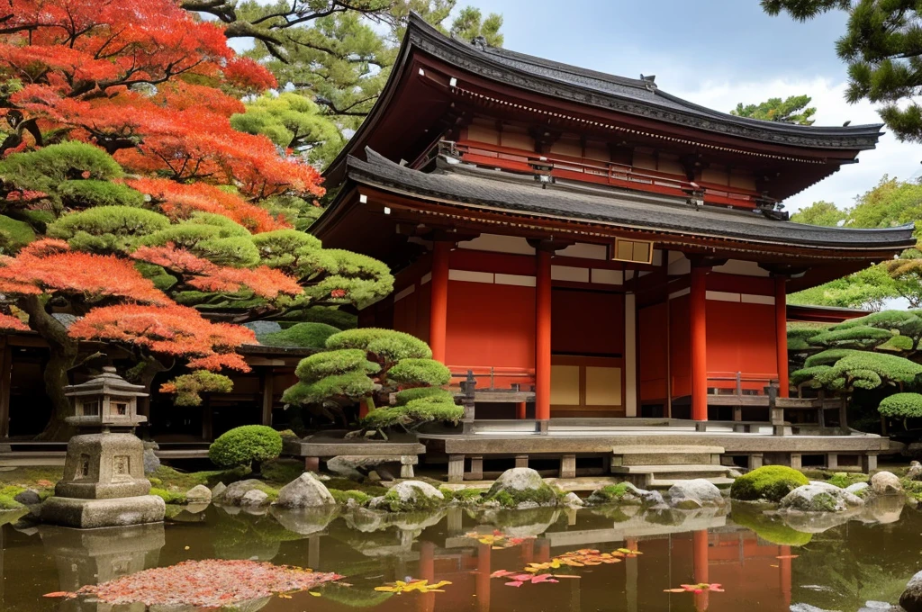 A historic temple in Kyoto, small, the leaves are turning red and the season is autumn, a beautiful Japanese garden, the ground is wet after the rain, evening scenery