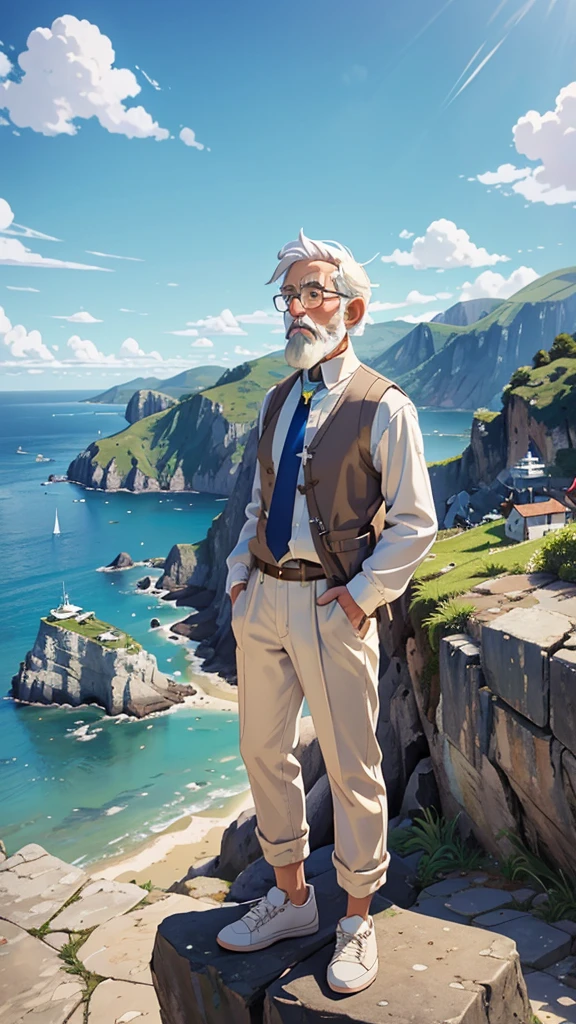 Create a high-quality anime-style image featuring an elderly man standing on a rocky cliff by the sea. The man has white hair, a beard, and is wearing round glasses. He is dressed in a white shirt, beige pants rolled up at the ankles, and white sneakers. His posture is relaxed, with his hands in his pockets, gazing thoughtfully into the distance.

The background consists of a clear blue sky filled with fluffy, white clouds. Below the cliff, there is a calm sea with boats and a small coastal village nestled at the foot of green, mountainous terrain. The scene captures a peaceful, reflective moment, with vibrant colors and detailed shading to emphasize the tranquil and contemplative atmosphere.