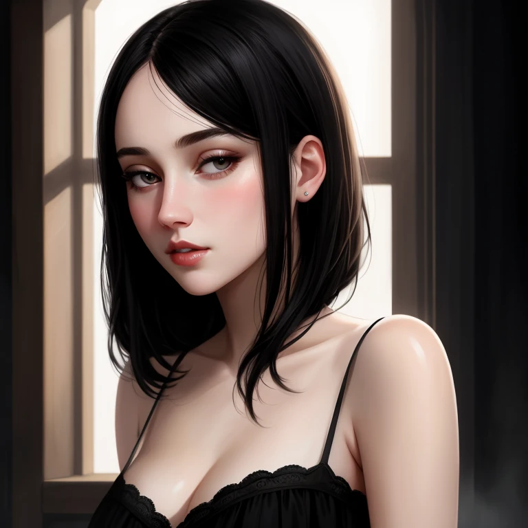 beautiful girl with realistic black eyes, pale skin, mid-length black hair, cum on perfect face, perfect eyes, wearing sheet sundress, highly detailed, comprehensive cinematic, digital painting, 8k, cinematic lighting, best quality, highres, detailed work, post-processing, perfect result, hyper realistic