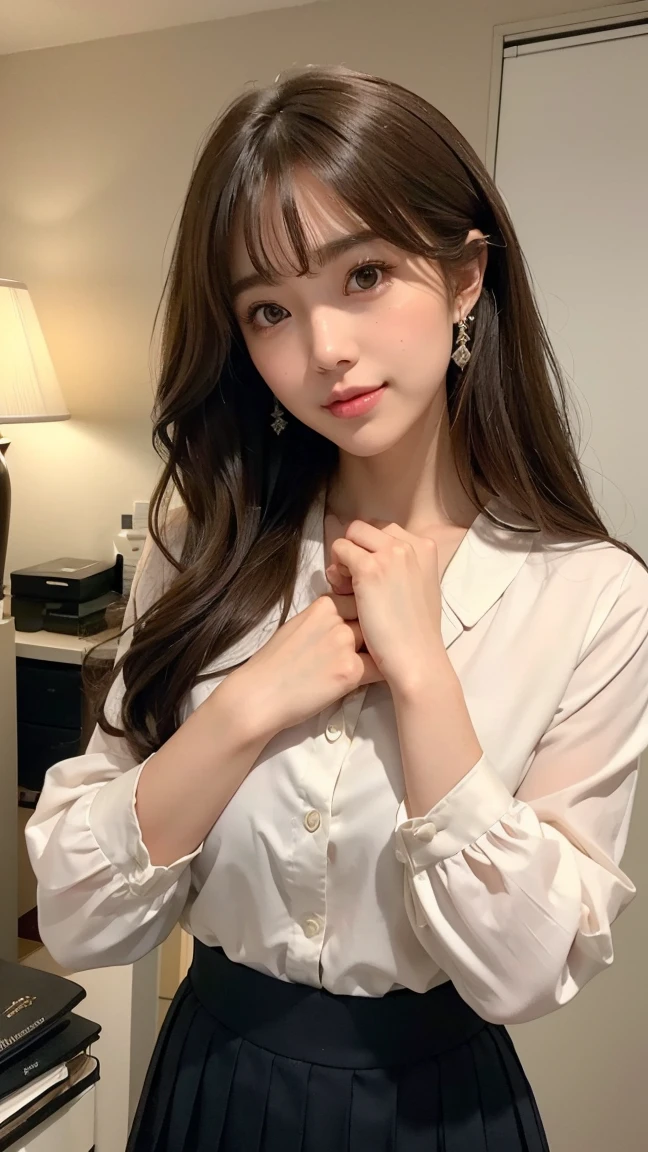 ((Kumiko Goto:1.3))Beautiful detailed face、Pale skin、Realistic glowing skin、Detailed cloth texture、Detailed hair texture、Perfect body、Beautiful Face、correct、Anatomically correct、 Highly detailed face and skin texture、Natural neck length、(Beautiful Hands)、(Fair skin:1.2)、Thin legs、Thin legs、 break 細かい目元、Symmetrical eyes、Light brown eyes、double eyelid、Thin eyebrows、(Glossy Lips:1.4)、((Gentle smile:1.2))、(blush:1.1)、 break (Elegant and cute girl:1.3)、Medium-sized large breasts、(Slim body type:1.1)、Toned Abs、Beautiful clavicle、 (Dark Blonde、Wavy Hair、Long Hair:1.2)、 ((Asymmetrical bangs:1.2))、((In a stylish office at night:1.4))、(Cowboy Shot:1.2)、white long sleeve button up blouse,_brown pleated mini skirt,Put the shirt inside the skirt、((Place your left hand gently on your chin:1.3))