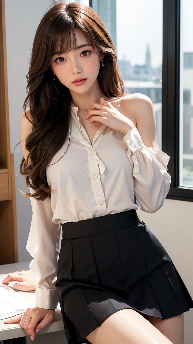 ((Kumiko Goto:1.3))Beautiful detailed face、Pale skin、Realistic glowing skin、Detailed cloth texture、Detailed hair texture、Perfect body、Beautiful Face、correct、Anatomically correct、 Highly detailed face and skin texture、Natural neck length、(Beautiful Hands)、(Fair skin:1.2)、Thin legs、Thin legs、 break 細かい目元、Symmetrical eyes、Light brown eyes、double eyelid、Thin eyebrows、(Glossy Lips:1.4)、((Gentle smile:1.2))、(blush:1.1)、 break (Elegant and cute girl:1.3)、Medium-sized large breasts、(Slim body type:1.1)、Toned Abs、Beautiful clavicle、 (Dark Blonde、Wavy Hair、Long Hair:1.2)、 ((Asymmetrical bangs:1.2))、((In a stylish office at night:1.4))、(Cowboy Shot:1.2)、white long sleeve button up blouse,_brown pleated mini skirt,Put the shirt inside the skirt、((Place your left hand gently on your chin:1.3))