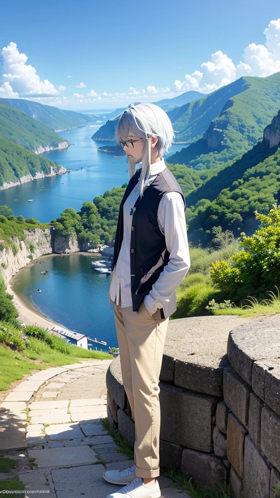 Create a high-quality anime-style image featuring an elderly man standing on a rocky cliff by the sea. The man has white hair, a beard, and is wearing round glasses. He is dressed in a white shirt, beige pants rolled up at the ankles, and white sneakers. His posture is relaxed, with his hands in his pockets, gazing thoughtfully into the distance.

The background consists of a clear blue sky filled with fluffy, white clouds. Below the cliff, there is a calm sea with boats and a small coastal village nestled at the foot of green, mountainous terrain. The scene captures a peaceful, reflective moment, with vibrant colors and detailed shading to emphasize the tranquil and contemplative atmosphere.