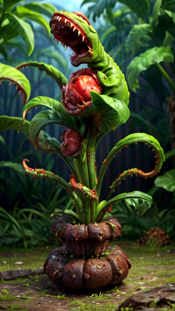Zombie Hordes、A carnivorous mutant plant that attacks zombies、A plant with long tentacles that captures and eats zombies、 (Highest quality、4K、8K、High resolution、masterpiece:1.2)、Super detailed、(Realistic、フォトRealistic、フォトRealistic:1.37)、Horror、Apocalyptic、Surreal、Dark fantasy