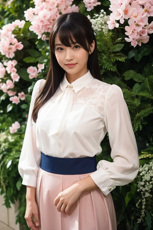 Medium Size Display, Medium Shot, Written boundary depth, bust, Upper Body, Movie angle, masterpiece, Highest quality, Very detailed, CG, 8k wallpaper, Beautiful Face, Delicate eyes, Otome, alone, smile, bangs, skirt, Formal blouse, Bouquet of lilies