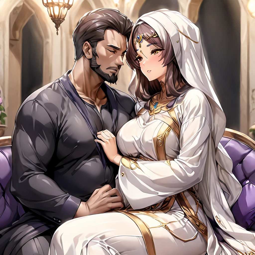 ((Highest quality)), ((masterpiece)), (detailed), (Perfect Face)、The woman is a devout Muslim Marina Katsuragi, an Arab with vivid brown skin. She is wearing a gorgeous, glittering abaya with gold embroidery, a gorgeous hijab, a gorgeous hair ornament, gorgeous jeweled accessories and an engagement ring in a luxurious Islamic mansion. The woman and the man are sitting on a gorgeous, large sofa in the luxurious room, and the woman is passionately embracing and passionately deep kissing the dignified, bearded, middle-aged Arab Muslim man wearing Arab national dress, making passionate love as a married couple.、The woman is the elegant Marina Katsuragi, a Muslim Arab with bright brown skin and semi-long brown hair, wearing an abaya and a gorgeous hijab.、(The woman is a dark-skinned Arab devout Muslim named Marina Katsuragi)、The man is a Muslim, dignified, strong-looking, bearded, middle-aged Arab man wearing traditional Arab clothing.