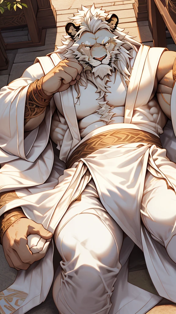 (masterpiece),(highres),(intricate details:1.4),extremely detailed,(illustration:1.2),8k,photorealistic,exquisite,(two persons), (Bold perspective),aged,elder male lion ,muscular, (Ancient Greek mythological style;1.8)(white robe:1.6),manhood,safeguard,(white hair:1.3),long hair,long white beard,scar,(badly damaged),(sacrifice),hurt,broken body ,(lying on the ground),(bulging crotch:1.8),(homosexual),(Caught tightly in the crotch:1.8)