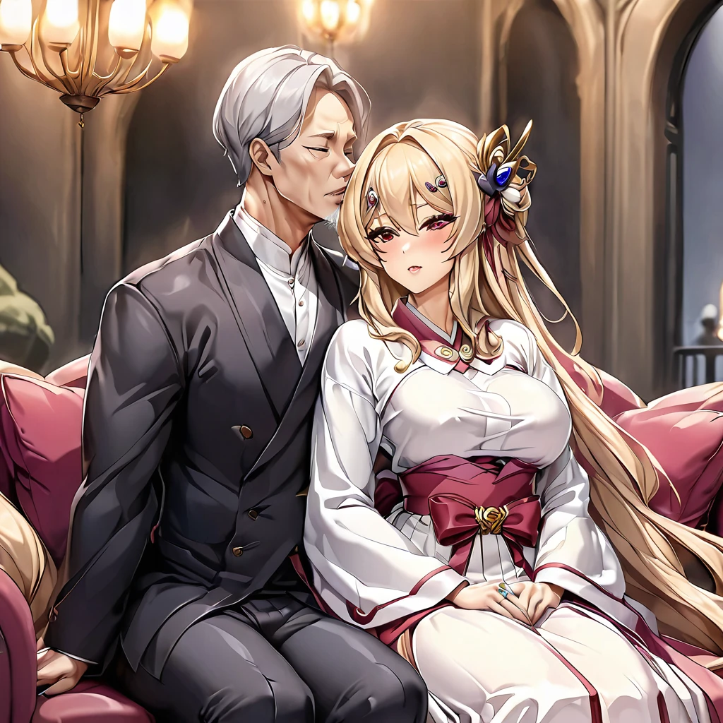 ((Highest quality)), ((masterpiece)), (detailed), (Perfect Face)、The woman is a Chinese woman named Tsukino Usagi, wearing a gorgeous, glittering red Hanfu with lots of gold embroidery, a gorgeous hair ornament, gorgeous jeweled accessories and an engagement ring. The woman and the man are sitting on a gorgeous, large sofa in a gorgeous room, and the woman is passionately embracing and passionately deep kissing the middle-aged Chinese man wearing a dignified and sturdy Hanfu, making passionate love as husband and wife.、The woman is the elegant Tsukino Usagi, a Chinese woman with long blonde hair in a chignon twin tail and wearing a red Hanfu with gorgeous gold embroidery all over it.、The man is a dignified, muscular, bearded, middle-aged Chinese man wearing the traditional Chinese dress, Hanfu.