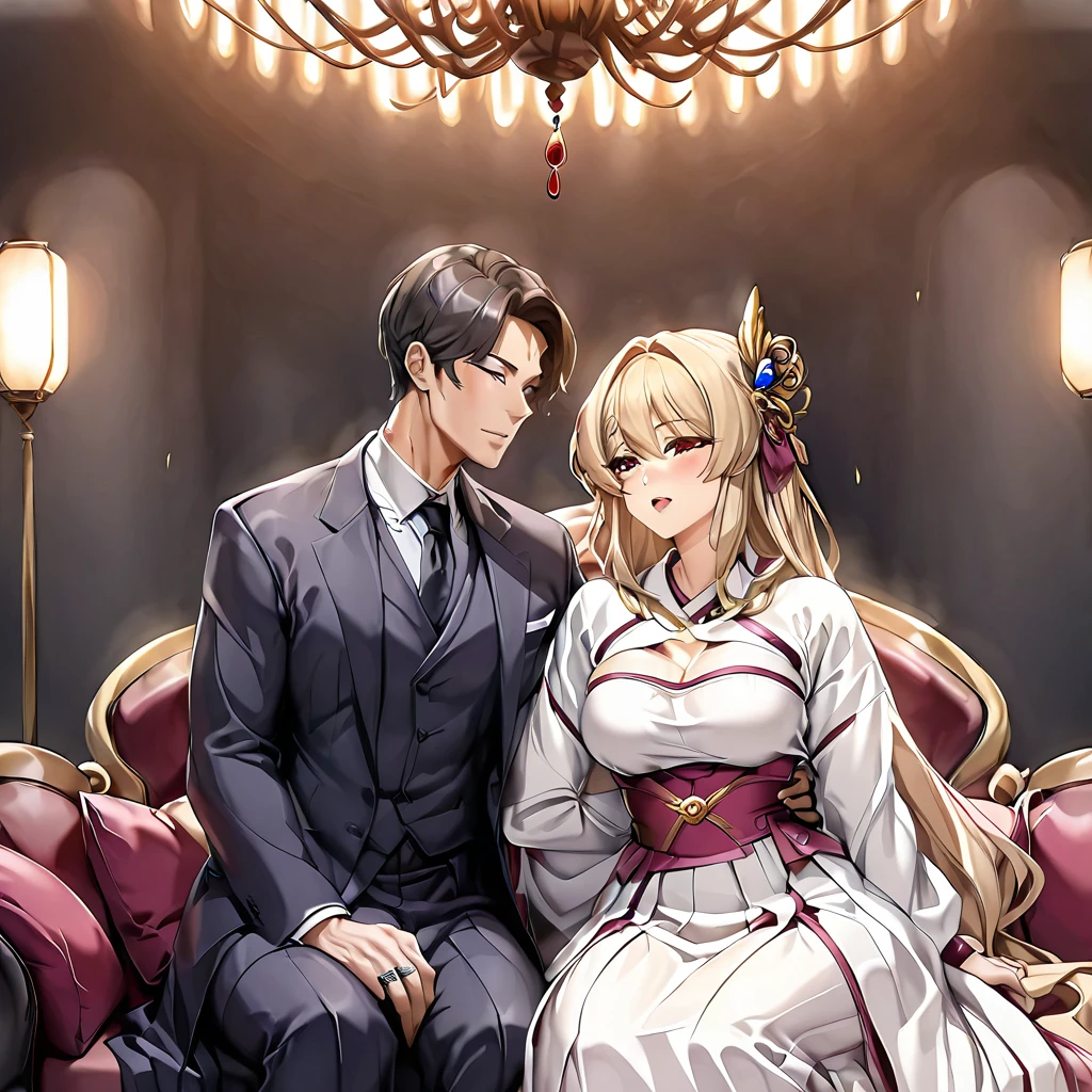 ((Highest quality)), ((masterpiece)), (detailed), （Perfect Face）、The woman is a Korean woman named Marina Katsuragi, and is wearing a gorgeous, dazzling traditional Korean dress called a hanbok (traditional Korean dress), a gorgeous hair ornament, gorgeous jeweled accessories, and an engagement ring in a luxurious Korean mansion. The woman and the man are sitting on a luxurious, large sofa in the luxurious room, and the woman is passionately embracing and passionately kissing the middle-aged Korean man wearing a dignified and sturdy hanbok, making passionate love as husband and wife.、The woman is the elegant Marina Katsuragi, a Korean with brown semi-long hair wearing a traditional Korean dress called a chimachogori.、The man is a dignified, sturdy middle-aged Korean man wearing the traditional Korean dress, Hanbok.