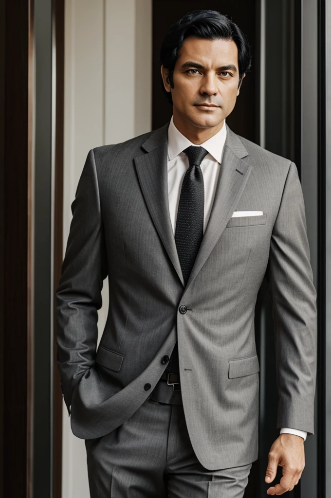 man , black hair , light gray eyes, well-built , 45 years , in dress suit
