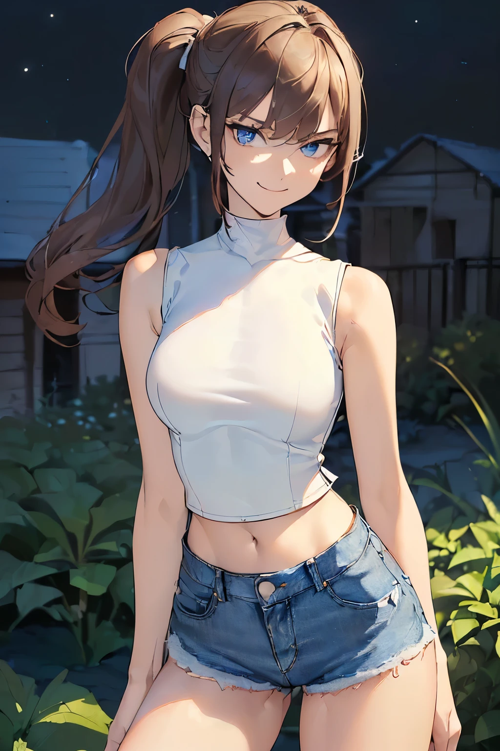 ((best quality)), ((masterpiece)), ((detailed)), (((perfect face))), (((slender 18yo age girl))), (((((tight sleeveless white shirt))))), ((((skin-tight shirt)))), (((midriff))), (((bare arms))), (((bare shoulders))), ((((cut off denim shorts)))), ((dark brown hair)), ((short ponytail)), (((blue eyes))), ((smiling)), (((standing))), ((((suburban backyard, night time)))), ((((detailed background)))), (((slender thighs)))