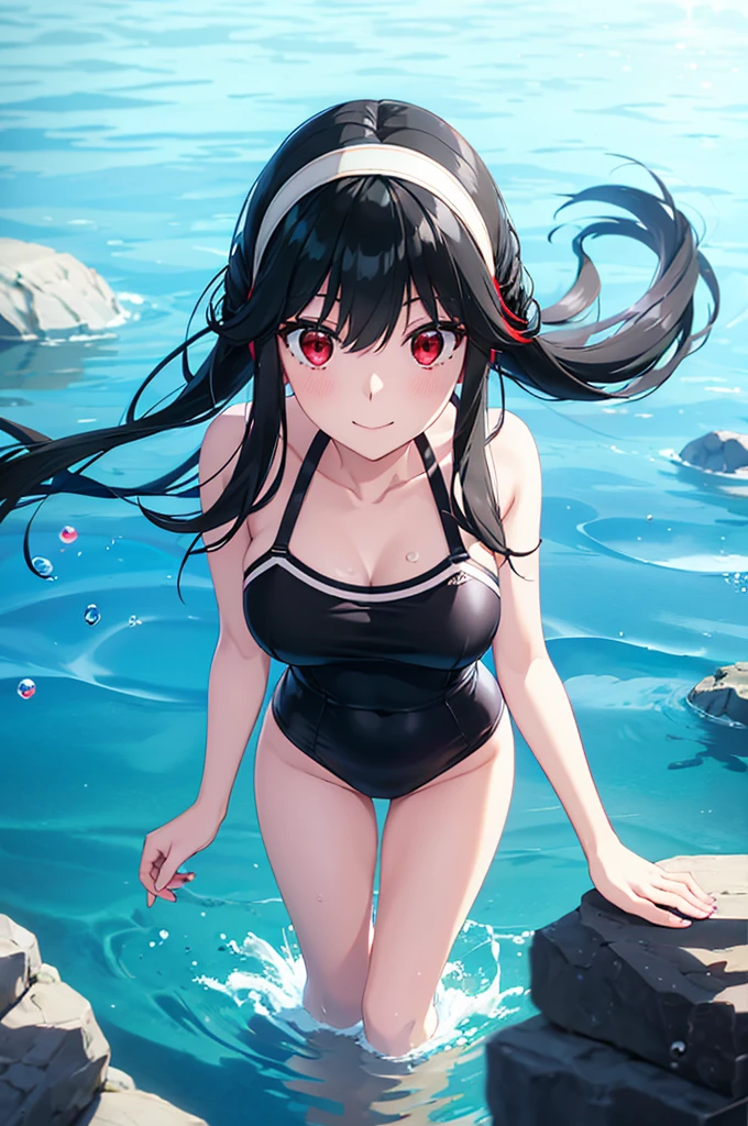 ((best quality)), (ultra-detailed), ((extremely detailed)), (beautiful), ((kawaii girl)), (black:1.3) hair, red (colored inner hair:1.2), long hair, straight hair, swept bangs, asymmetrical bangs, hair intakes, ahoge, kind smile, red eyes, medium large breasts, BREAK, 比基尼, beautiful scenery, underwater, water drop, dynamic lighting, light particle, sunlight, shadow, [Colorful young fishes], (air bubble:1.2), reflection, extremely detailed CG unity 8k wallpaper,White hair band、Red eyes、Black Hair、Yor Briar、smile、Bubble、Floating、Float your legs、流れるBubble、dive、In the sea、One girl、In the water、Playing with fish、 the waterにdive、Swimwear