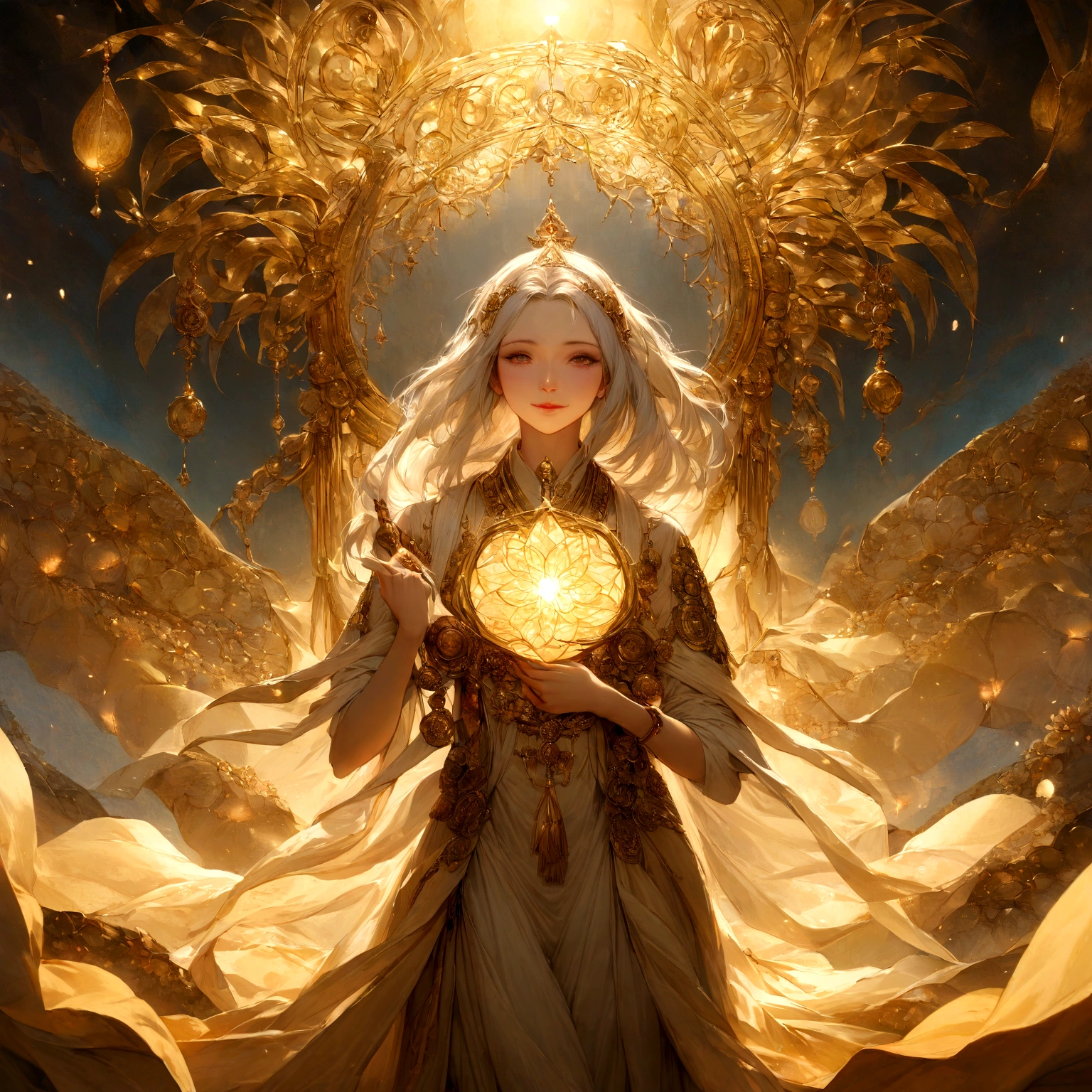 "In a highly detailed 8K RAW photo of unmatched quality, capture Kannon (Avalokiteshvara), embodying compassion, in a front-facing, human-like form. Emphasize her direct gaze at the viewer, conveying warmth with a serene smile, and highlight her holding a shakujō (a monk's staff) in her right hand. Adorned in attire symbolizing her mediatory role between the divine and human realms, she stands before a backdrop of a vibrant lotus field at golden hour, each bloom symbolizing purity and enlightenment. This ultra-realistic masterpiece, with its profound atmosphere of peace, invites deep reflection and spiritual connection."