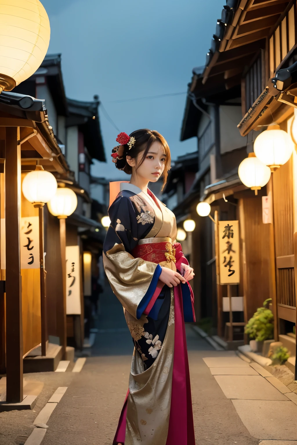 Oiran、 gorgeous、 Kyoto、 (Flashy gold and red:1.5), kimono、 Collapsed、 Fancy hair accessories、 geisha、 Maiko、 A stunning Oiran (traditional high-ranking courtesan) standing gracefully in the streets of old Kyoto, Japan. She is adorned in an exquisite, vibrant kimono with intricate patterns, and her hair is styled elaborately with ornate hairpins and accessories. The backdrop features traditional wooden machiya houses, paper lanterns, and cobblestone streets. The scene is set during twilight, with soft, warm lighting illuminating the surroundings. There is a sense of elegance and historical charm in the air, capturing the essence of ancient Kyoto.