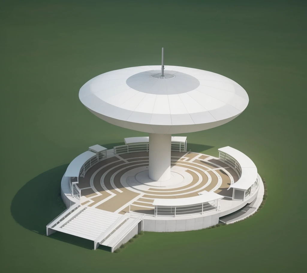 Overlooking,Park Pavilion,There are park seats inside,Modern architectural design,The sun is on the right side of the picture, White and metallic, Practical, photoPractical, Futuristic, 8K, masterpiece, best quality, high resolution, Very detailed,,metallic feel,Real material,Ultra-detailed scenes,4K,real picture
