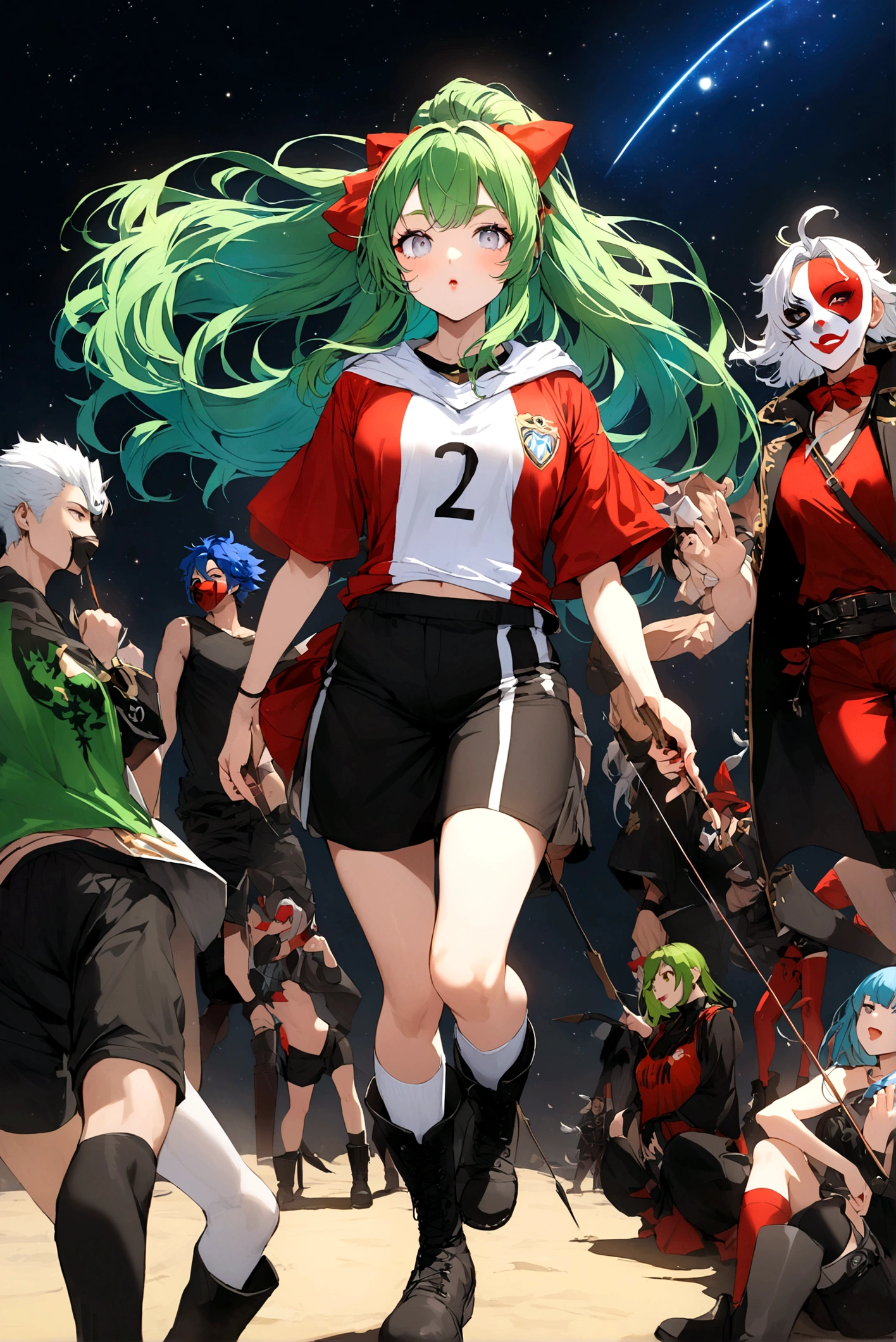 Group photo. (girl dressed in red, shorts and boots, bow and arrow, hood and a mask). (space pirate girl with green hair with black skirt and stockings). (athletic boy with green hair and soccer costume). (demon boy with white hair, white eyes and pirate outfit). (girl with white hair, oversized t-shirt, white legs, boots and clown makeup). (boy with long blue hair and warrior clothing).