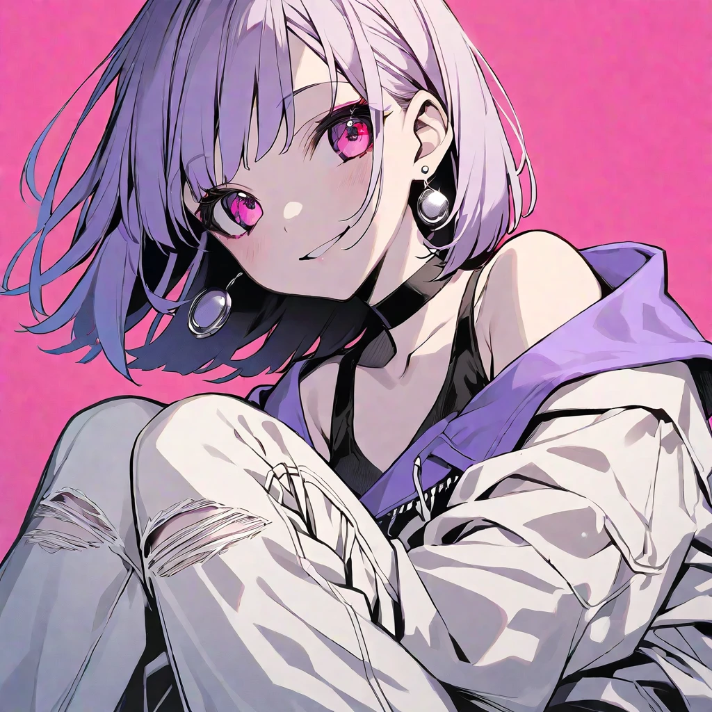 solo, handsome, monotone,
1. Female,
Hime cut,Straight Hair,Bob Hair,
purple hair,
Nakano Yotsuba,
pink Eyes,Soft look,beautiful,beautiful,Sexy,Darkness,Lots of silver earrings,choker,
White Off Shoulder,White Distressed jeans, hoodie ,smile,skin,
pink background,