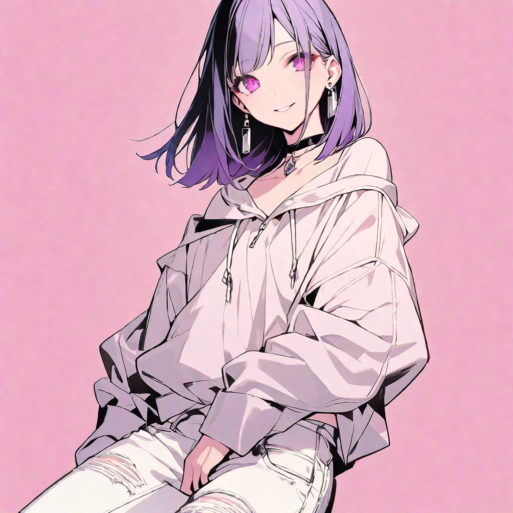 solo, handsome, monotone,
1. Female,
Hime cut,Straight Hair,Bob Hair,
purple hair,
Nakano Yotsuba,
pink Eyes,Soft look,beautiful,beautiful,Sexy,Darkness,Lots of silver earrings,choker,
White Off Shoulder,White Distressed jeans, hoodie ,smile,skin,
pink background,