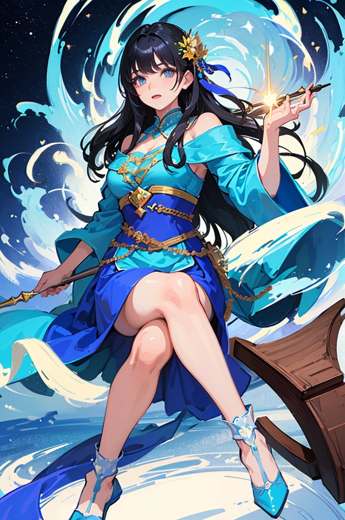(((highest quality))),masterpiece,1 woman,((the perfect person)),((Super beautiful woman)),detailed perfect face,chubby asian owman with blue wizard robes, long black hair, and a magic wand. older woman