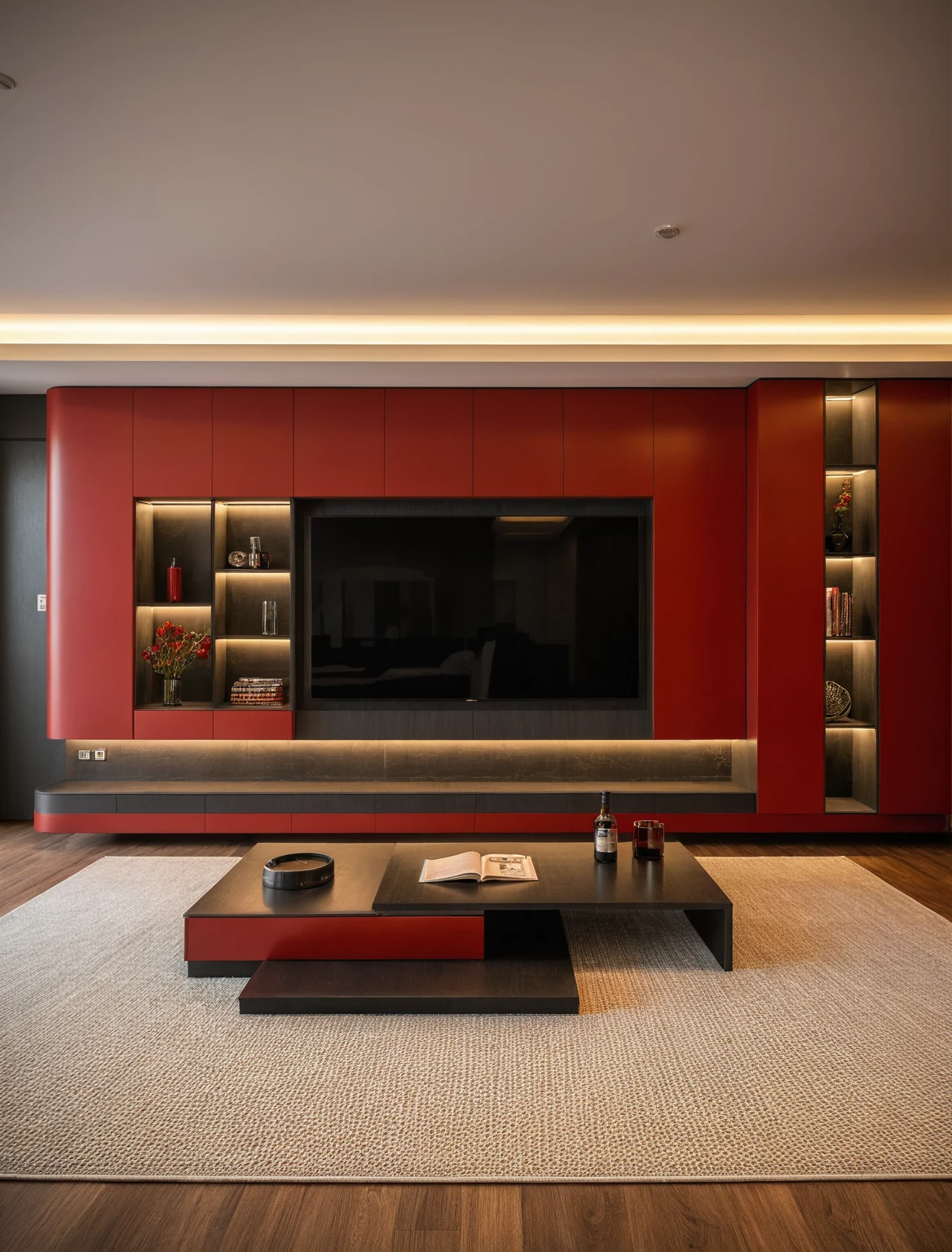 Raw photo,Masterpiece, high quality, best quality, authentic, super detail, interior , sunset, daylight, living room style Modern luxury, TV cabinet, TV, decorative cabinet, books, flower vases, bottles, tea table, tray, wine bottle, open book, carpet, wooden floor, curve, ((red tones)