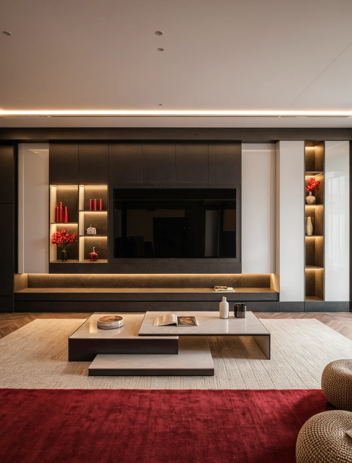Raw photo,Masterpiece, high quality, best quality, authentic, super detail, interior , sunset, daylight, living room style Modern luxury, TV cabinet, TV, decorative cabinet, books, flower vases, bottles, tea table, tray, wine bottle, open book, carpet, wooden floor, curve, ((red tones)