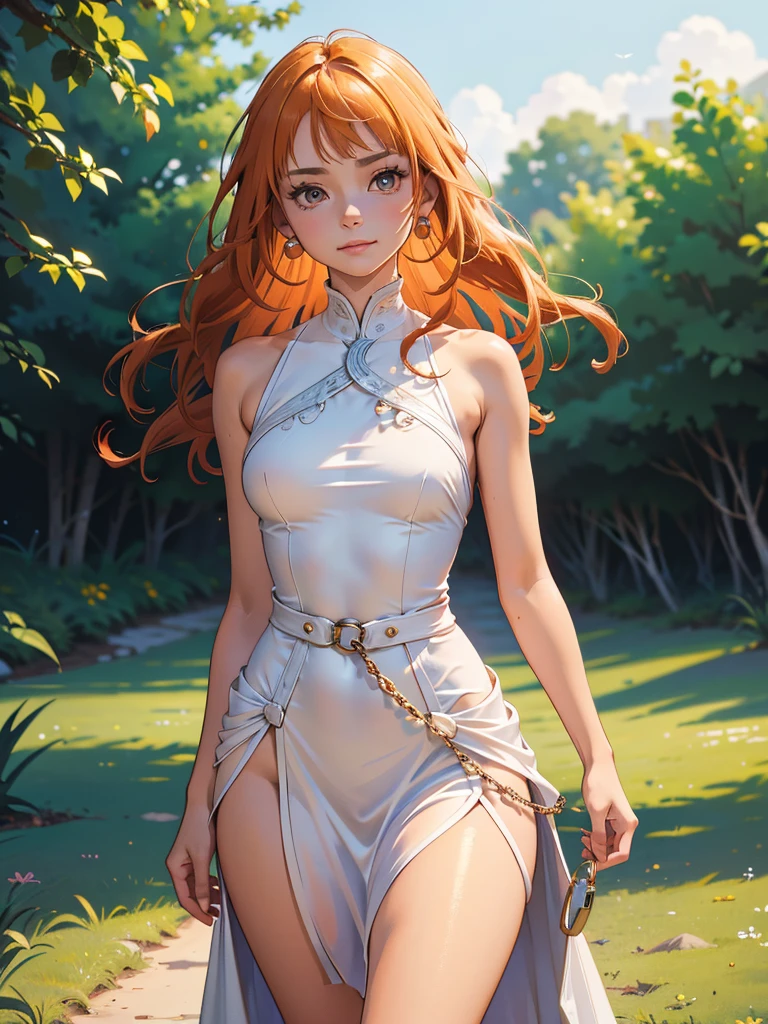 Best quality, 4k, high resolution, body stuck dress, perfect smile, gorgeous, light skin, (ichigo),orange hair, wearing bodystuck long dress,(long sheeves), clothes are stuck in body, bodyfit outfit,1 girl, solo, seductive look, elegance and charm, (masterpiece, best quality, high resolution), looking at the viewer, standing, (intricate and beautiful:1.2), (detailed light:1.2), (soft light, side light), (high resolution textures) , holding leash in hand(chain leash), outdoor, Burmese girl,wearing bodcorn dress(white colour) with pink line ,wearing gorgeous jewelary, wearing harness over the outfit ,outdoor background, sun light, attractive, sexy, mature and hot, young,(masterpiece:1.3), (disorganized:1.3), (highest quality:1.3), perfect anatomy, detailed face, front view, perfect right hands, looking at viewer, (Super detailed:1.3), (best shadow:0.7), (treated hair), fine eyes, beautiful eyes, young aged woman, alone, standing, crystal earrings,closed_mouth, , outdoors,Thick thighs, arrogant face, small 