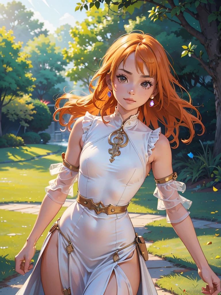 Best quality, 4k, high resolution, body stuck dress, perfect smile, gorgeous, light skin, (ichigo),orange hair, wearing bodystuck long dress,(long sheeves), clothes are stuck in body, bodyfit outfit,1 girl, solo, seductive look, elegance and charm, (masterpiece, best quality, high resolution), looking at the viewer, standing, (intricate and beautiful:1.2), (detailed light:1.2), (soft light, side light), (high resolution textures) , holding leash in hand(chain leash), outdoor, Burmese girl,wearing bodcorn dress(white colour) with pink line ,wearing gorgeous jewelary, wearing harness over the outfit ,outdoor background, sun light, attractive, sexy, mature and hot, young,(masterpiece:1.3), (disorganized:1.3), (highest quality:1.3), perfect anatomy, detailed face, front view, perfect right hands, looking at viewer, (Super detailed:1.3), (best shadow:0.7), (treated hair), fine eyes, beautiful eyes, young aged woman, alone, standing, crystal earrings,closed_mouth, , outdoors,Thick thighs, arrogant face, small 