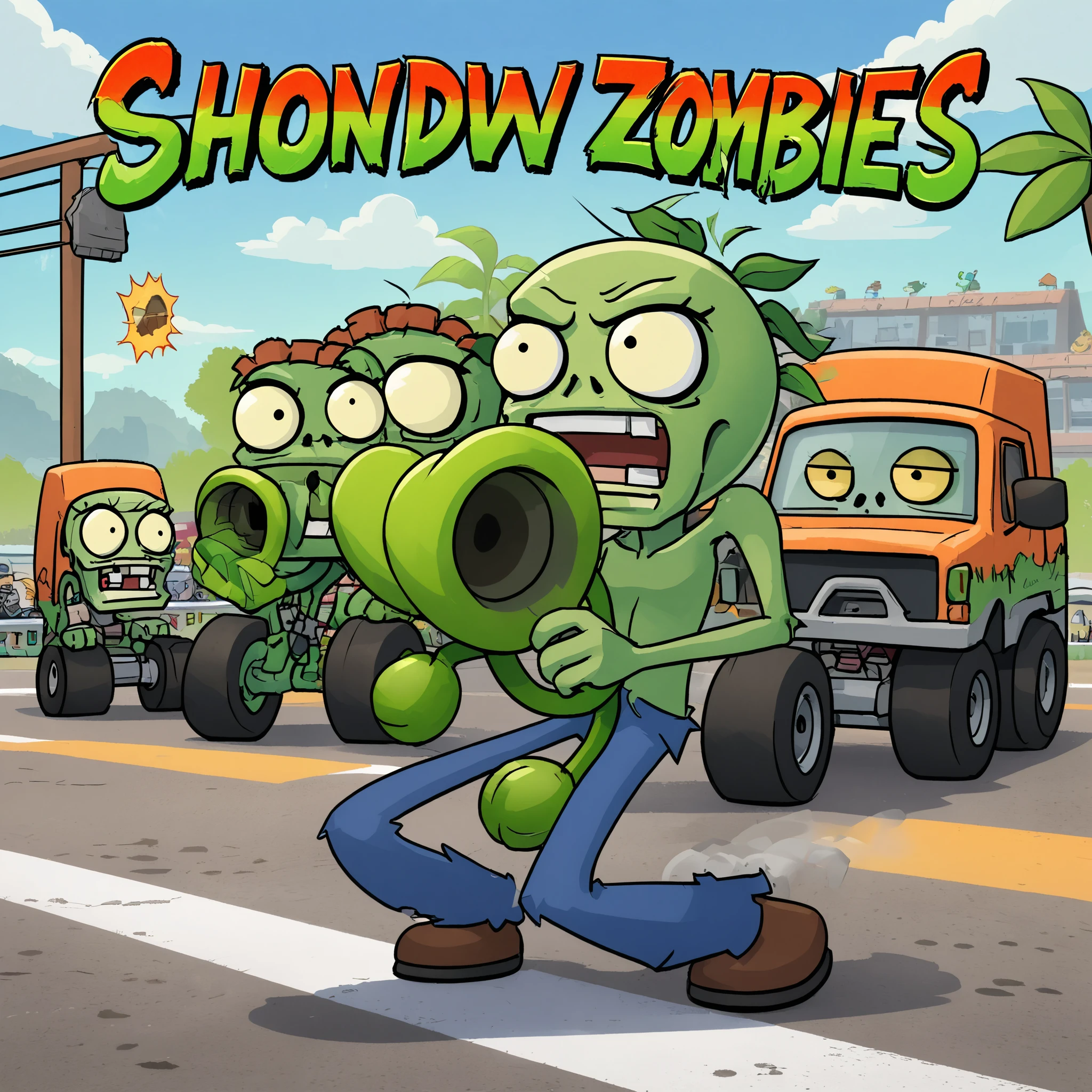 best quality, 2.5D, delicate and dynamic depiction, video game, (Plants vs. Zombies), showdown, Truck Racing, hard-working effects, funny scene