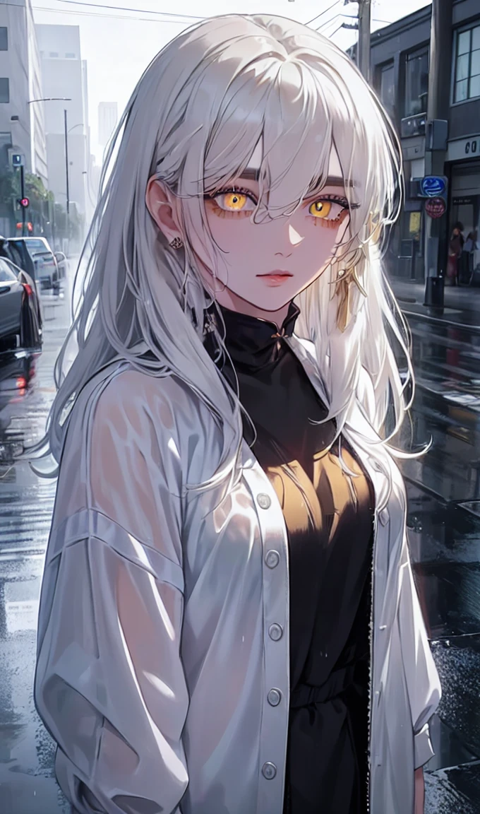 1girl, portrait, solo,lips, female focus, yellow eyes, looking at viewer, white hair, long hair, closed mouth, smile, casual clothes, rainy day, wet clothes, street on the background