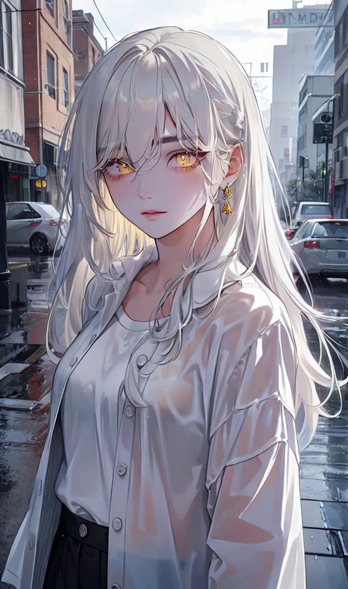 1girl, portrait, solo,lips, female focus, yellow eyes, looking at viewer, white hair, long hair, closed mouth, smile, casual clothes, rainy day, wet clothes, street on the background