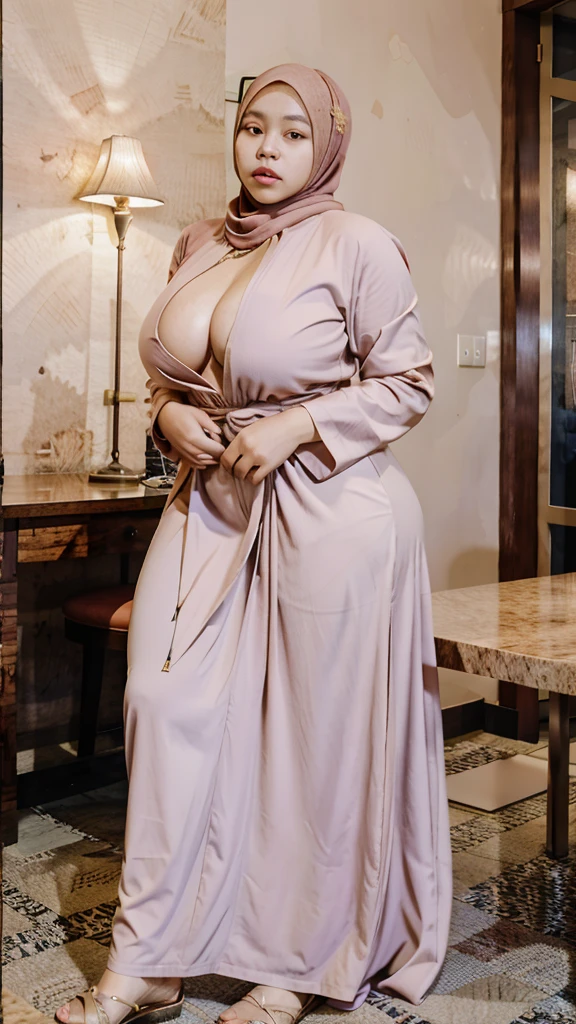 (masterpiece, best quality:1.2), 1girl, solo, An Indonesian woman in hijab, wearing a long dress, long guan covering the whole body, beautiful face, big breasts covered by clothes, curvy body, cowboy photo, Curvy thighs, in a hotel room,