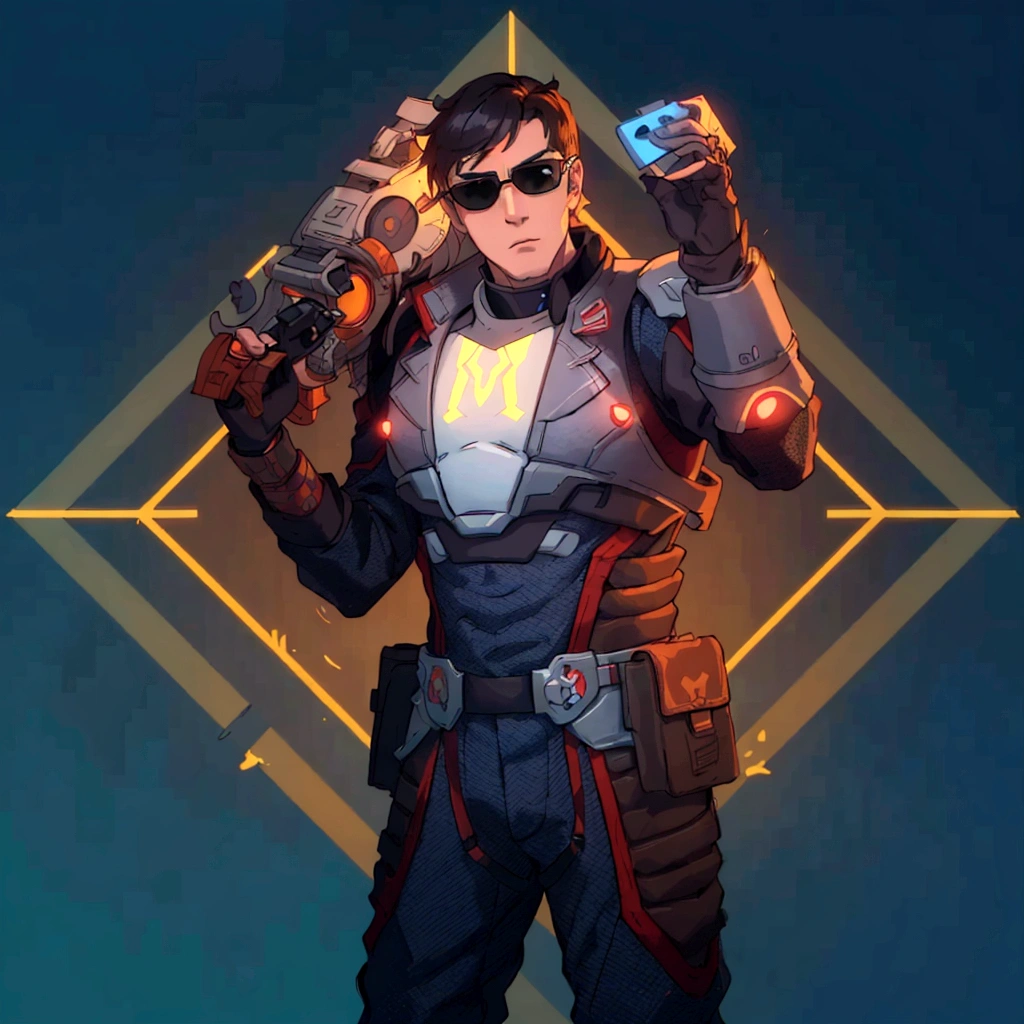 At the center of a vibrant piece of digital art, a male character stands confidently with his hands on his hips. He is adorned in an elegant gray and red suit equipped with a helmet and glasses and on his chest bears the letter M, suggesting that he might be prepared for an adventure or battle. His outfit is completed with a pair of sunglasses, adding to his cool demeanor. In his right hand he holds a gun, ready for action. The background contrasts strikingly with its blue and yellow geometric shapes, enhancing the overall futuristic theme of the image.